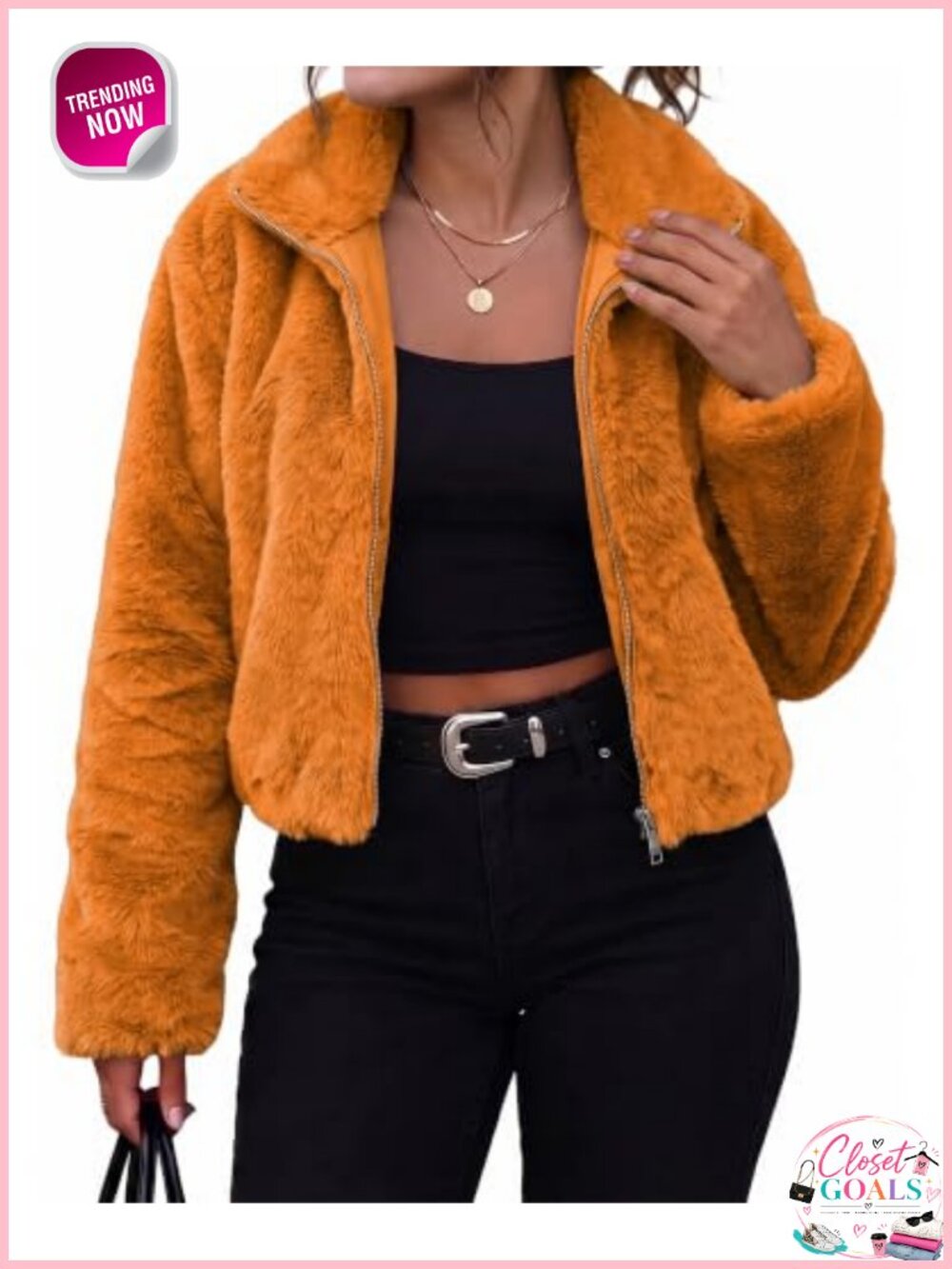 Faux Fur Cropped Jacket Full Zip Lapel Collar Fuzzy Winter Coat